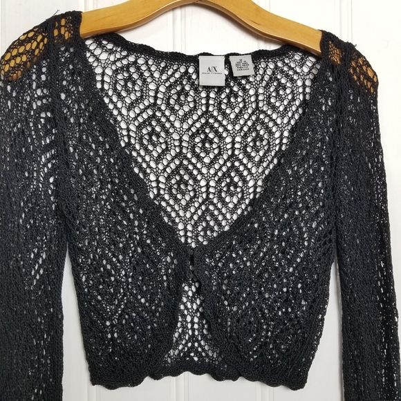 Armani Exchange Crochet Net Cropped Black Cardian Womens Open Knit Jacket - Picture 3 of 11